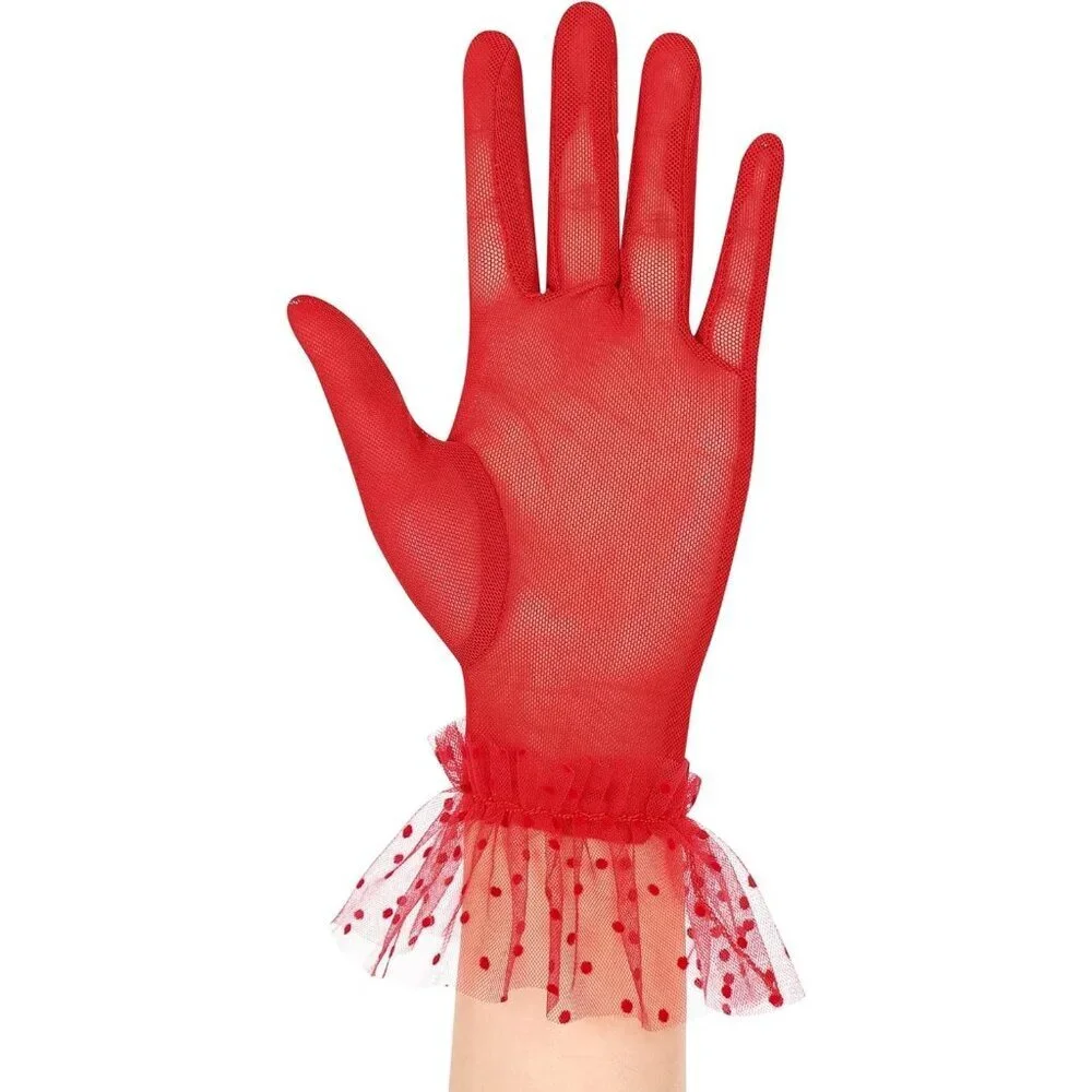 Women's Short Lace Dark Red Sheer Mesh Tea Party Prom Gloves Banquet Costume